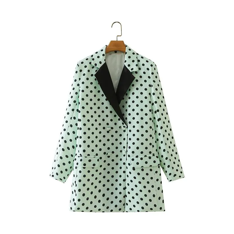 Frauenanzüge Blazer Frau Elegant Mint Green Double Breasted 2023 Herbst Frau Long Sleeve gegen Neck Outwear Ladies Polka Dot