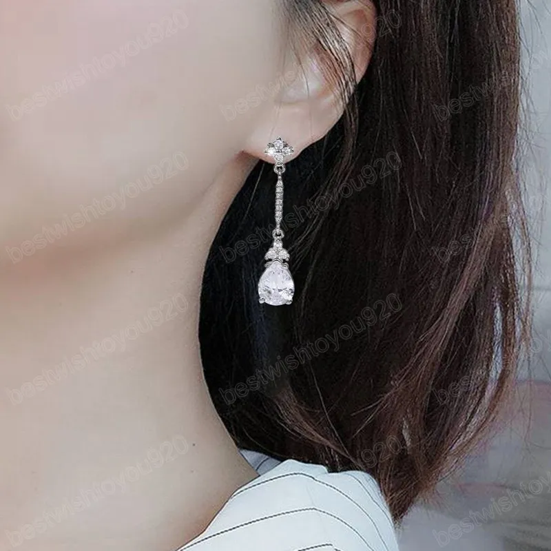 Boucles d'oreilles pendantes en cristal et zircone cubique pour femmes, accessoires de luxe, couleur argent, bijoux tendance de mariage de tempérament