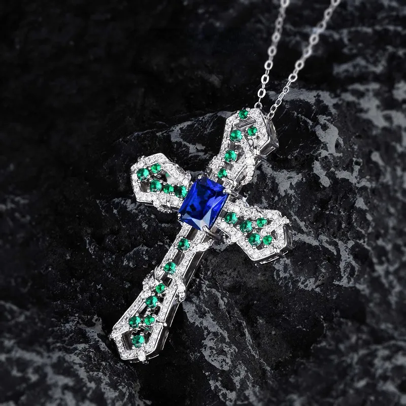 Vintage Lab Sapphire Diamond Cross Pendant Real 925 Sterling Silver Party Wedding Pendenti Collana Chocker per gioielli da donna