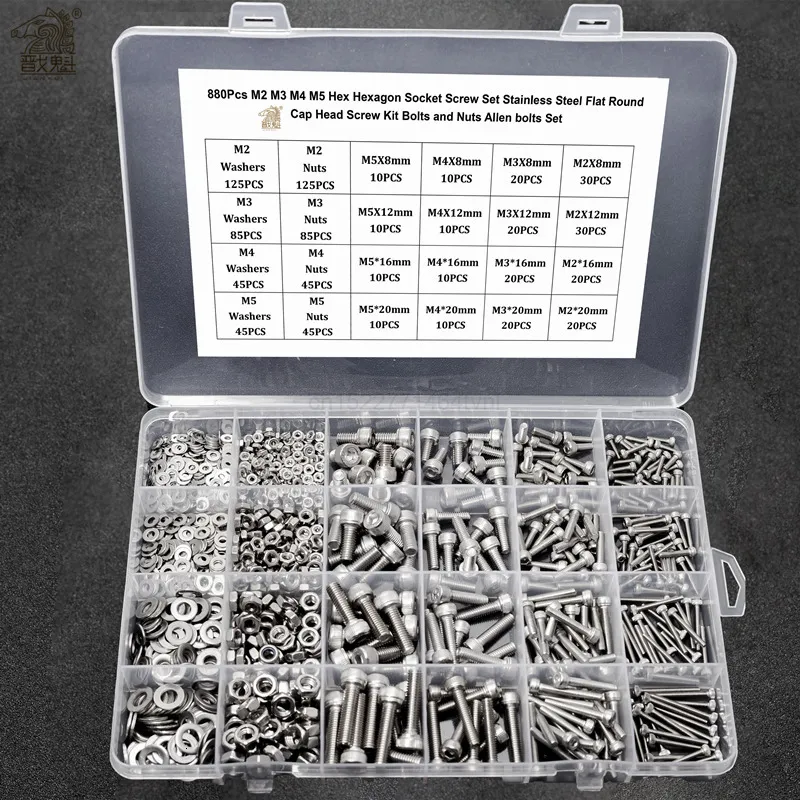 Takım Parçaları 860 PCS M2 M3 M4 M5 HEX HEXAGON SOKET VIDA Seti Paslanmaz Çelik Düz Yuvarlak Kapak Vidalı Kit Cıvataları ve Fındık Allen Cıvataları Seti 230323