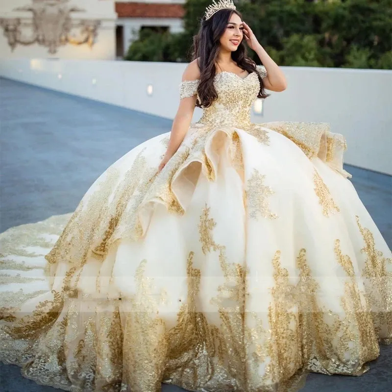 white and gold quince dresses Popular Ivory Tulle Quinceanera with Lace Strapless Ball Gown Sweet 16 Dresses and a sweet oversized detachable bow finishes off the gown. Sky Blue Sexy V-Neck Ball