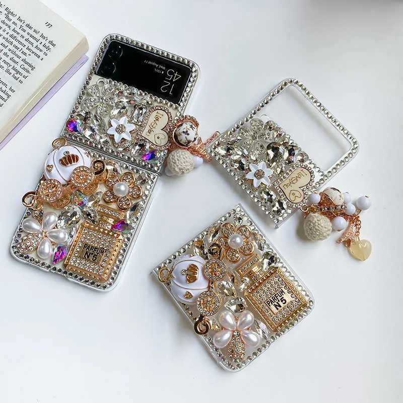 Cas de téléphone portable Luxe Bling Strass Clair Dur PC Téléphone Cas Pour Samsung Galaxy Z Flip 3 5G DIY Diamant Couverture Pour Galaxy Z Flip Z0324