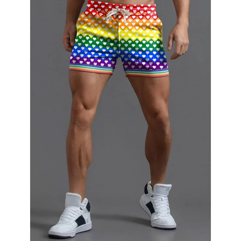 Mäns shorts Herr Rainbow Heart Form Rainbow Striped Casual Shorts 230324