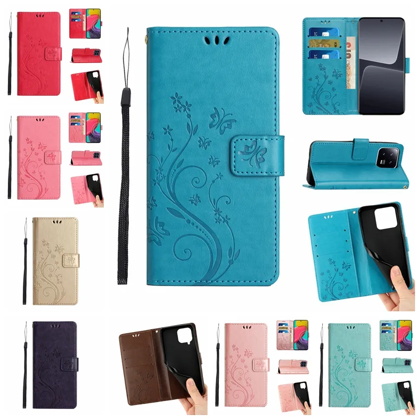 Flower Butterfly Portfel Press dla Samsung A24 M53 M13 A04E MOTO G62 5G G Stylus 5G 2022 G52J E22 Xiaomi 13 Pro Redmi Uwaga 12 Skórzana pokrywa ID Karta Identyfikator Id Identyfikator Uchwyt