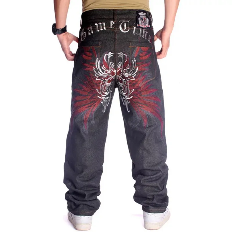 Mens Jeans Plus Size Waist 3046 Inch Skateboard WideLeg Loose Hip Hop Embroidered Flower Wings Male Denim Pants Trousers 230322