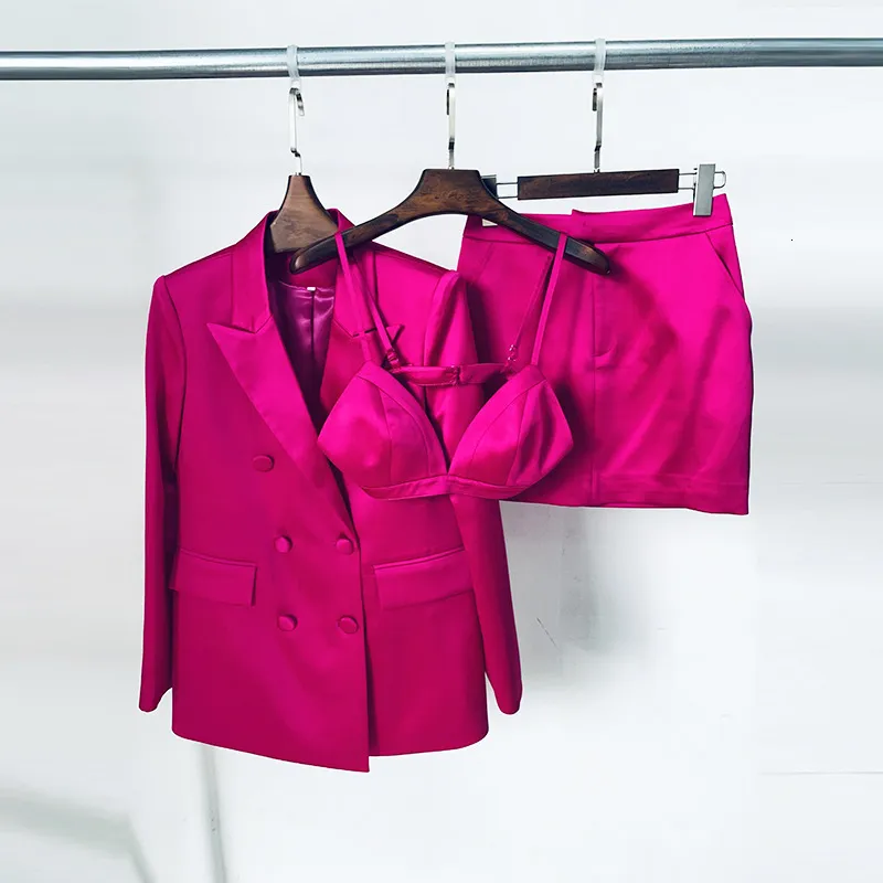 Trajes casuais de moda de duas peças 3 Conjunto para mulheres blazer jaqueta sólida mini -saia curta escritório escritório lady terno feminino aniversário 230324