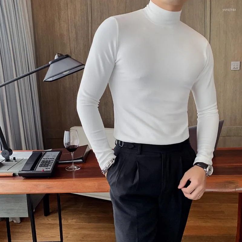 Herr t -skjortor 9 färg brittisk stil turtleneck mode 2023 solida skjorta män lång ärm alla matchar smala fit tshirt casual kläder