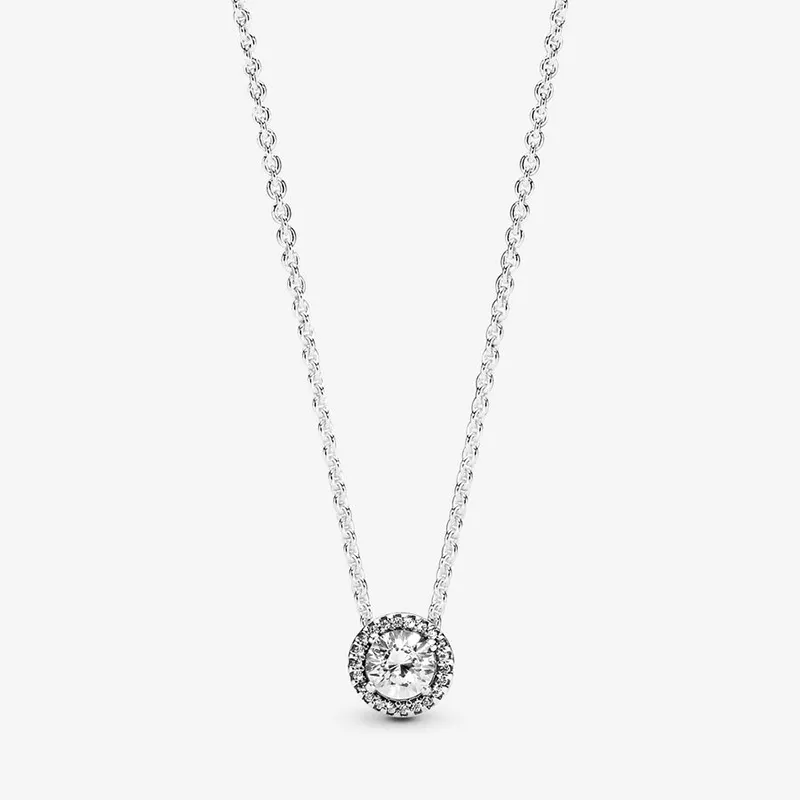 Round Sparkle Halo Necklace for Pandora Real Sterling Silver Wedding designer Jewelry For Women CZ Diamond Engagement gifts Necklaces with Original Box Set