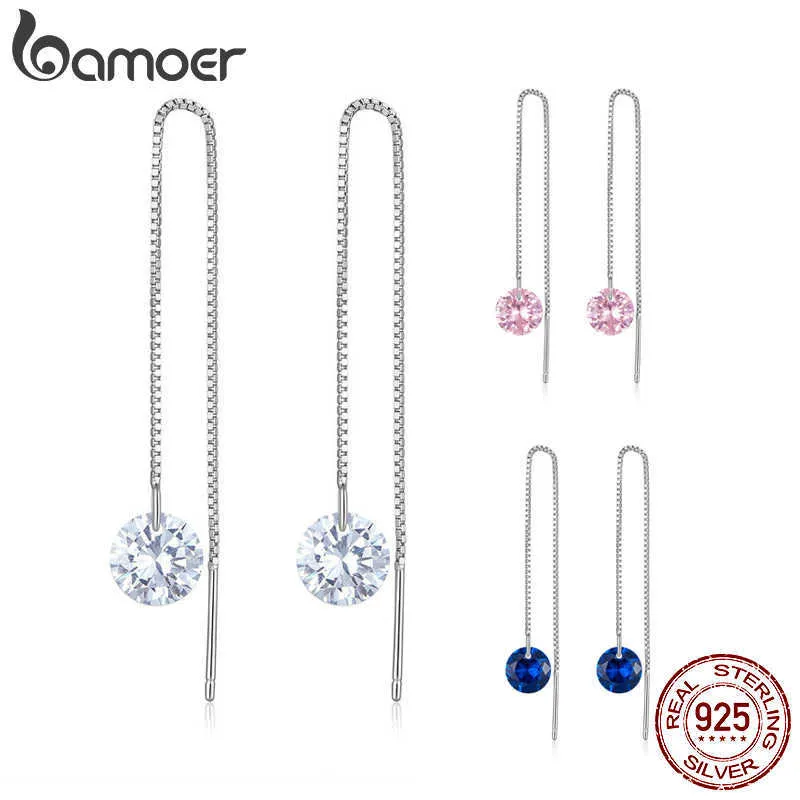 Charm Bamoer 925 STERLING Gümüş Pembe Mavi Zirkon Damla Dangle Kulak Dişleri Kadın Nişan Hediyesi için Uzun Püskül Küpeler Z0323