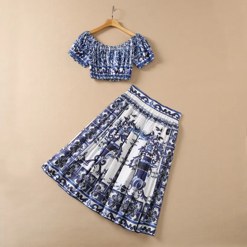 Sprężyna na ramion Slash Neck Dwupoziomowy spódnica niebieska paisley print bawełniana top o wysokiej talii peplum w połowie calfu 2 sztuki zestaw 22q15set