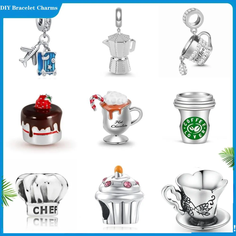 925 Silberperlen-Charms für Pandora-Charm-Armbänder, Designer für Damen, High Heels, Schokolade, Kaffee, Kuchen, Chef-Charm