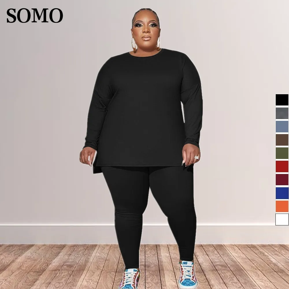 Pantalon grande taille pour femmes SOMO haute élastique Homewear Ouftits femmes vêtements solide décontracté à manches longues deux pièces ensemble en gros goutte 230324