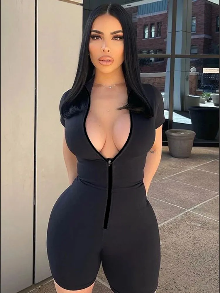 Kvinnors jumpsuits Rompers Sibybo Sculpting PlaySuit Women Sexig kort ärm midjekorsett Rompers Jumpsuits Femme Summer Zip Body Shaping Outfits 230323