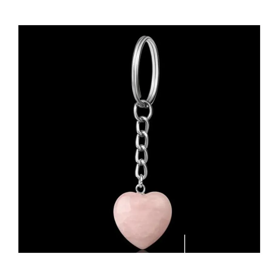 Key Rings Natural Stone Love Heart Keychains Sier Color Healing Crystal Car Decor Keyrings Keyholder For Women Men Drop Delivery Jewe Dhos3