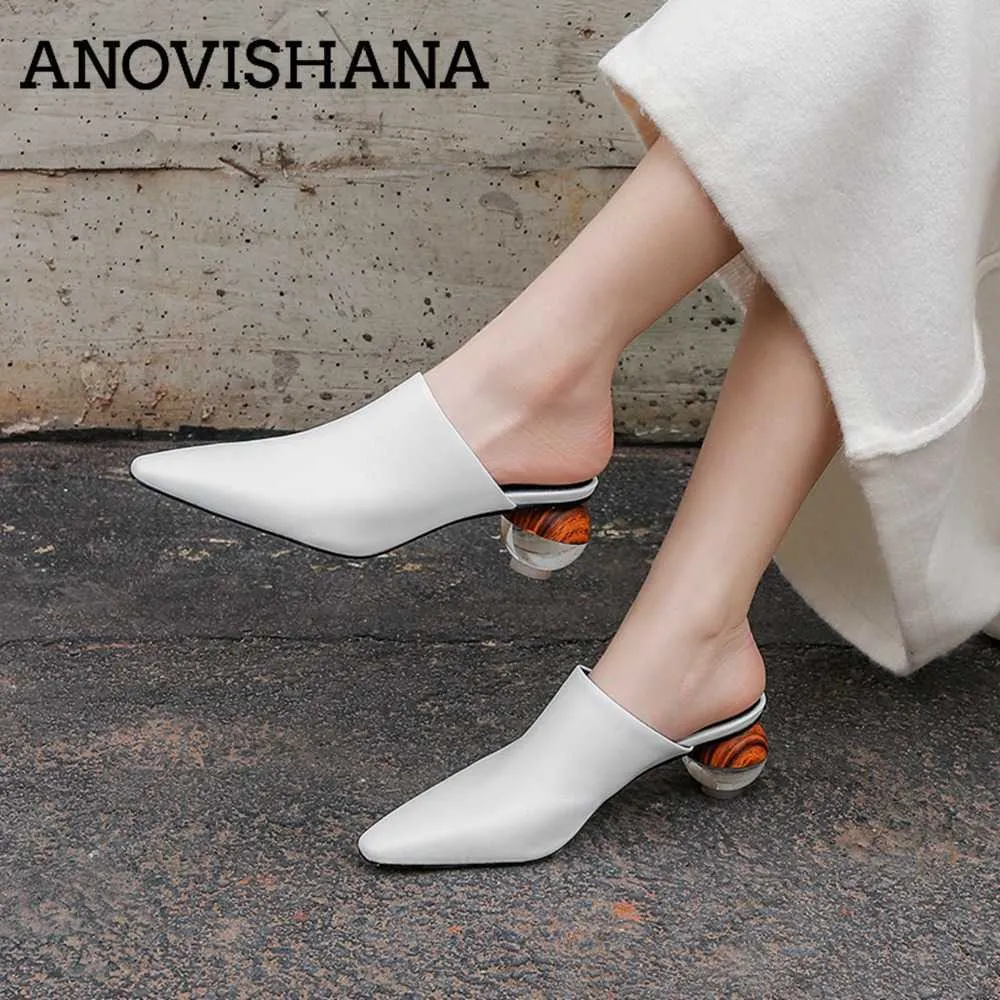 ANOVISHANA Tacco sferico Scarpe a punta femminile Taglie forti 33-43 Vera pelle di mucca Scarpe da donna bianche Pantofole moda Donna 0324