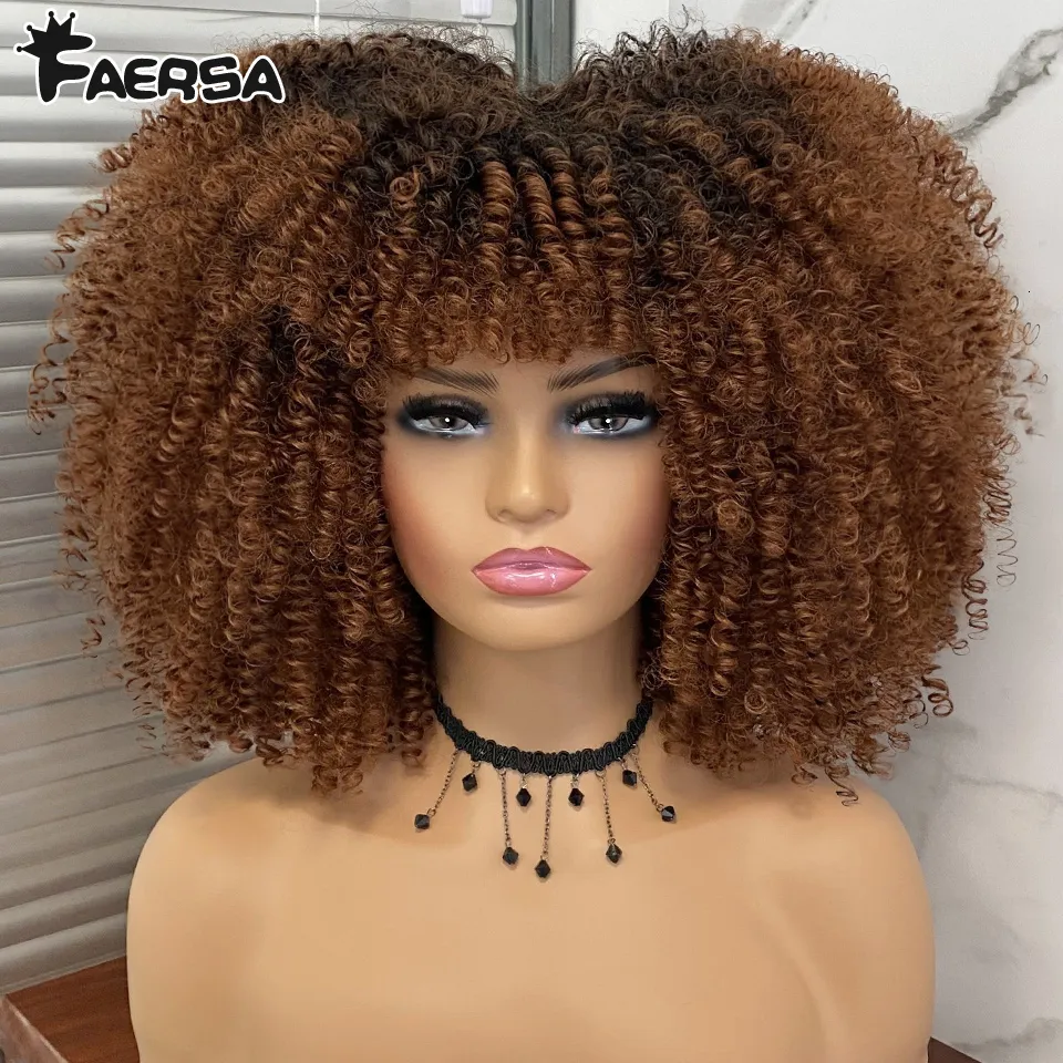 Perruque Synthétique Afro Bouclée Brun Foncé Courte 35cm - Avec 4 Bonnets, Style Naturel, Neuve