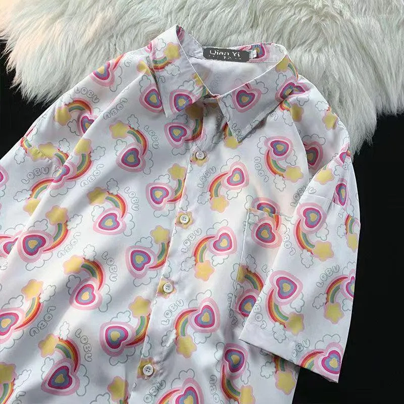 Women's Blouses Japanese Love Rainbow Shirt Full Print Loose Short Sleeve Shirts Women Tops Camisas De Mujer Button Up Casual Summer 2023