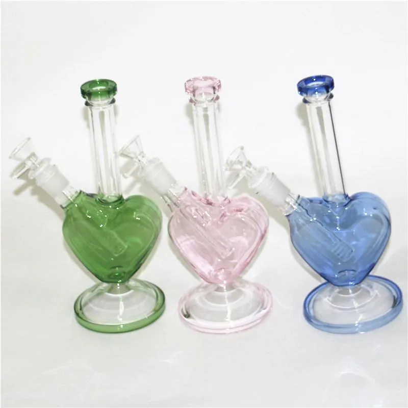 9-Zoll-Herzform, rosa, grün, blau, Farbe, Wasserpfeifen, Glasbongs, Wasserpfeifen, Dab-Ölplattformen mit 14-mm-Räucherschalen für trockene Kräuter, Nektarsammler