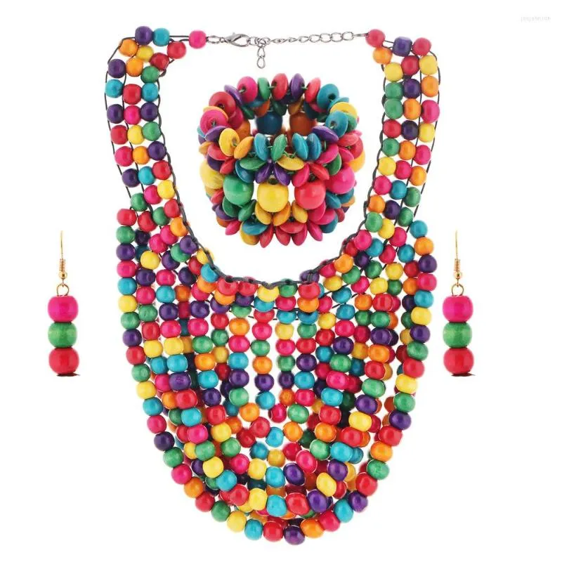 Ensemble de collier et boucles d'oreilles personnalisés, bijoux en perles de bois, bavoir épais, ras du cou, bijoux africains, collier, boucle d'oreille, Bracelet