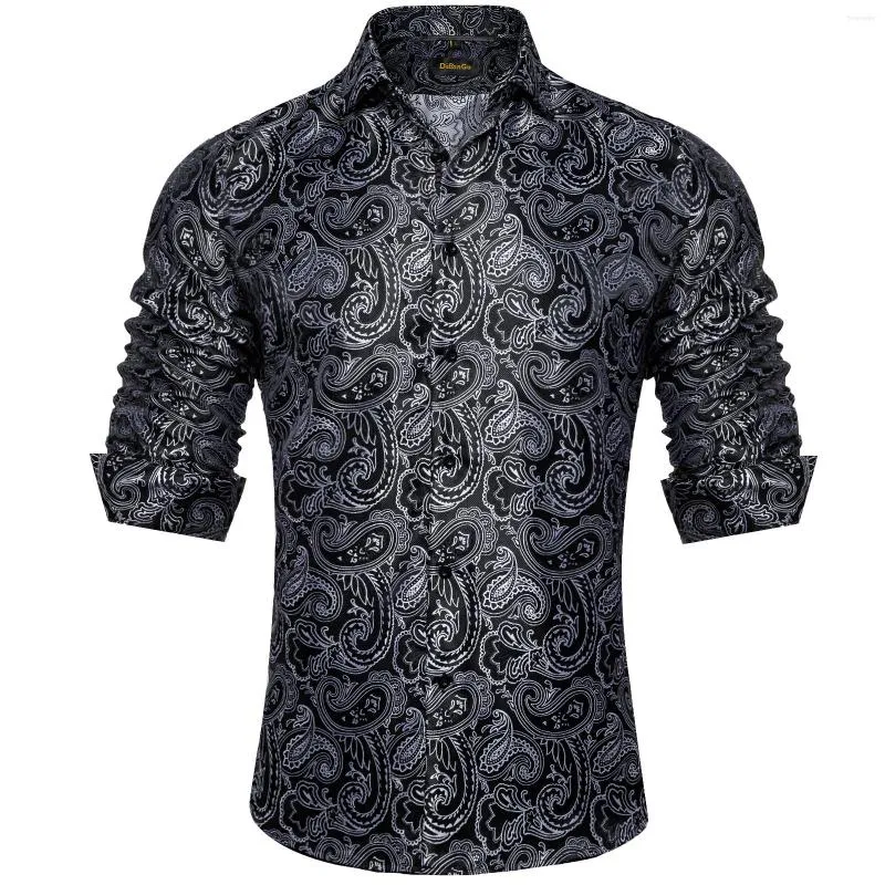 Men's Dress Shirts Luxury Silk For Men Black Silver Paisley Wedding Prom Party Button Down Collar Shirt Blose Clothing