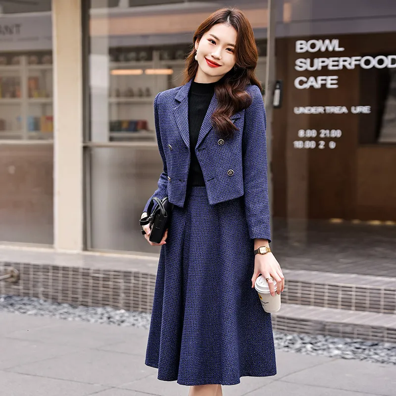 Blazer Blue Plaid Skirt Set INSPIRE CHIC Women's Outfits Plaid