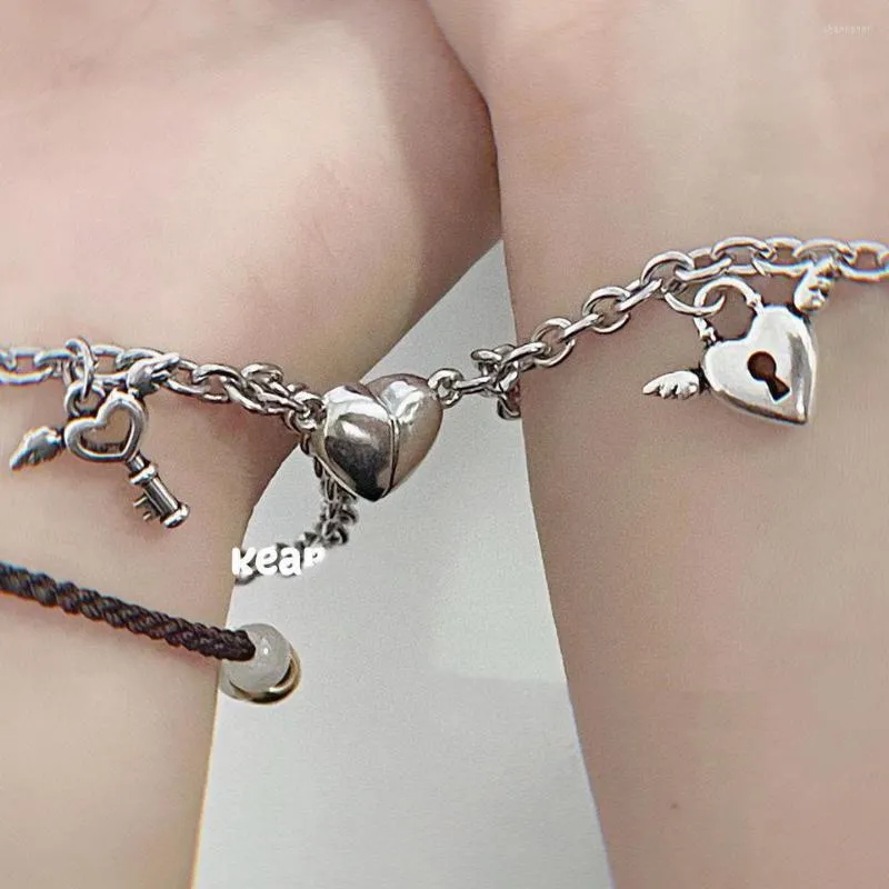 Fashionable and Popular Men's 2pcs Couple Magnetic Heart & Lock Charm Bracelet for Jewelry Gift and for A Stylish Look,one-size