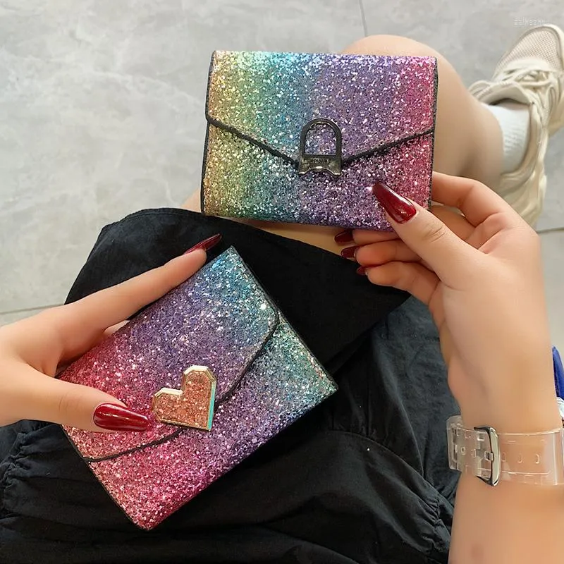 Wallets Shiny Cute Small Wallet Trifold Short Coin For Women Or Girls 2023 Fashion Gradient Sequin Decor Card Holder Purses