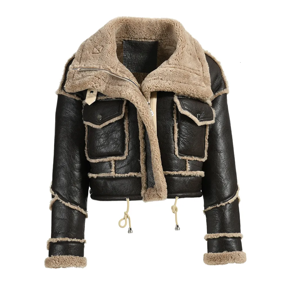 女性用ジャケット到着本物の子羊の毛皮の冬の二重面コートレディークロップジャケット厚い本物の革製シープスキン230324