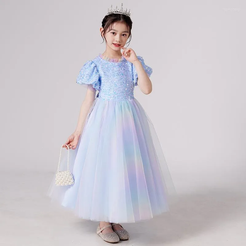 Girl Dresses Elder Girls Sequin Tulle Dress For Kids Lovely Blue Party Gown Flower Wedding Bridesmaid Formal Costume Outfit 14Year