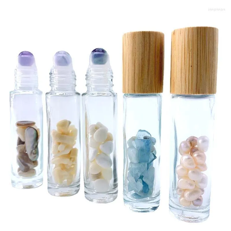 Bouteilles de stockage Bouteille d'huile essentielle de 10ml avec coquille de corail de perle naturelle à l'intérieur de la boule de rouleau de Quartz couvercle en bambou bouchon de Grain en bois 5 pièces/lot P331