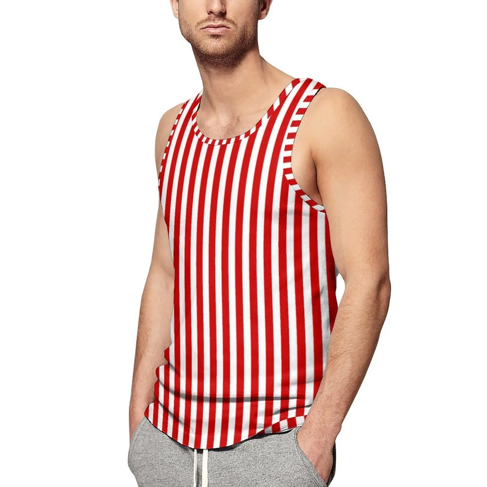 Herren-Tanktops, Candy Stripes, Top für Männer, rot-weiß gestreift, Strandmuster, Fitnessstudio, trendige Übergröße, ärmellose Hemden 230324