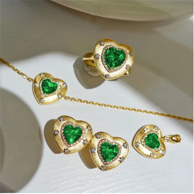 14K Gold Lovers Heart Ruby Diamond Jewelry Set 925 Sterling Silver Engagement Wedding Bracelet Rings Oorringen ketting voor vrouwen