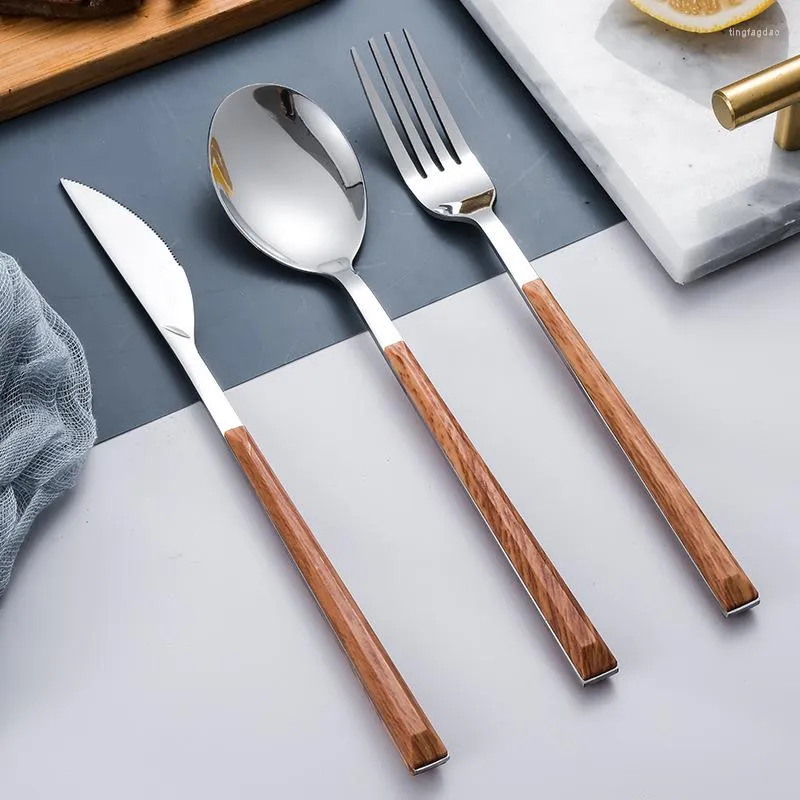 Dinnerware Sets Hanfeng Web Celebrity Stainless Steel Knife Fork And Spoon Wood Clip Gift Set With Imitation Wooden Handle