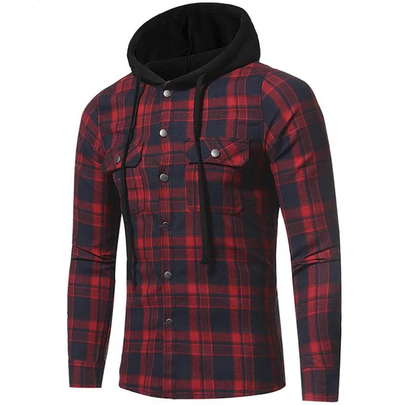 Men's Casual Shirts Hooded Plaid Shirt Men Flannel Big Double Pocket Long Sleeve Mens Spring Autmn Clothes Camisa Masculina