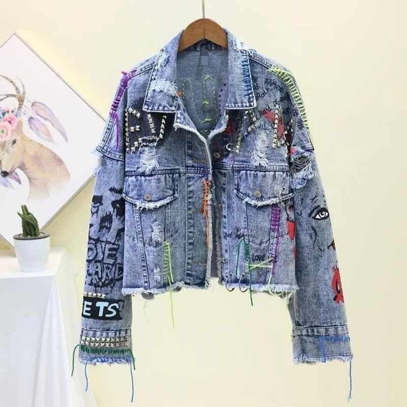 여자 재킷 2023하라 주쿠 청바지 재킷 여성 패션 와일드 스트리트 스타일 세련된 편지 자수 데님 대형 코트 x106