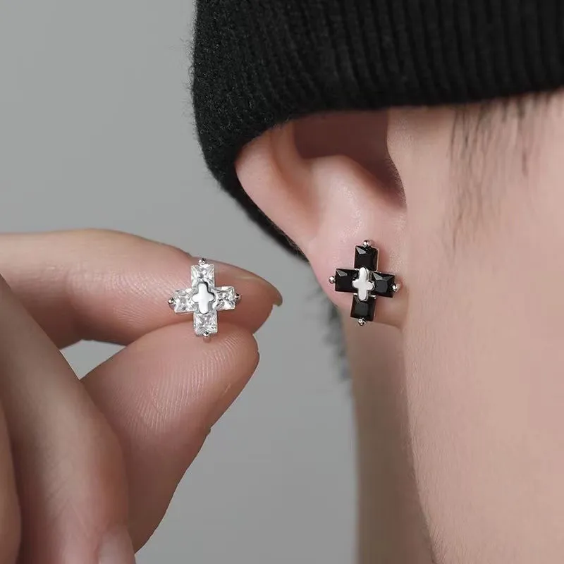 S3551 Fashion Jewelry Cool Crucifix Stud Earrings For Man Simple Black Zircon Cross Earrings