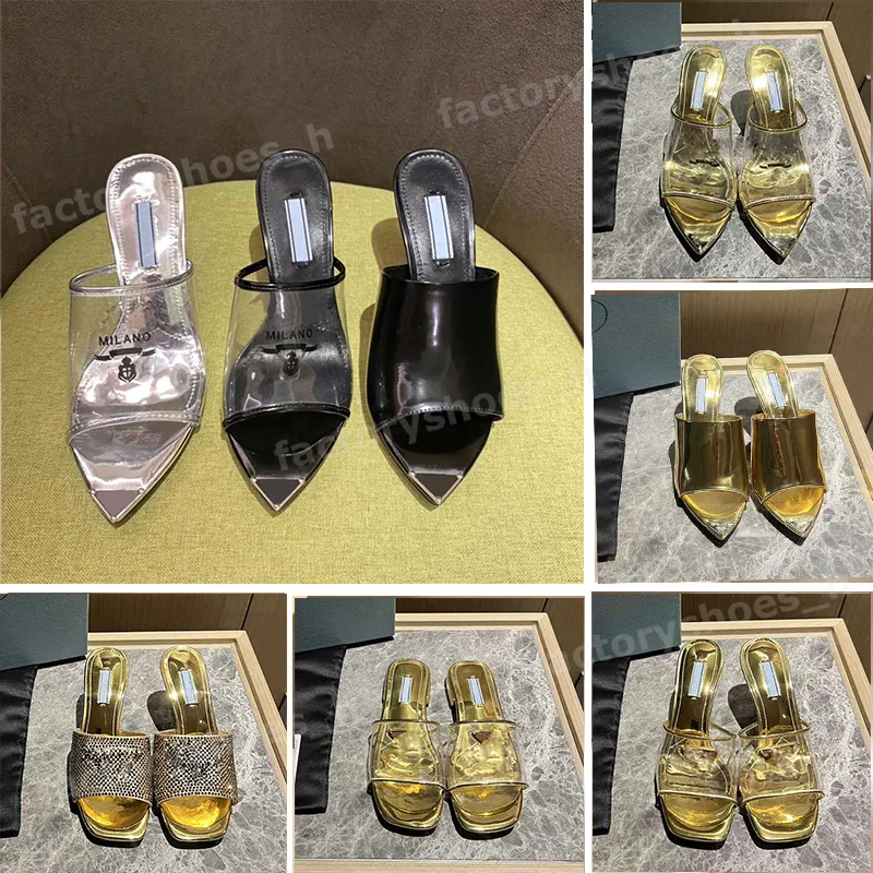 Designer-Sandalen für Damen, Sandale, dreieckig, bedruckt, Plexiglas-Absätze, O-Slides, klobiger High-Heel, goldene Silber-Metallic-Leder-Einlegesohle, Hausschuhe