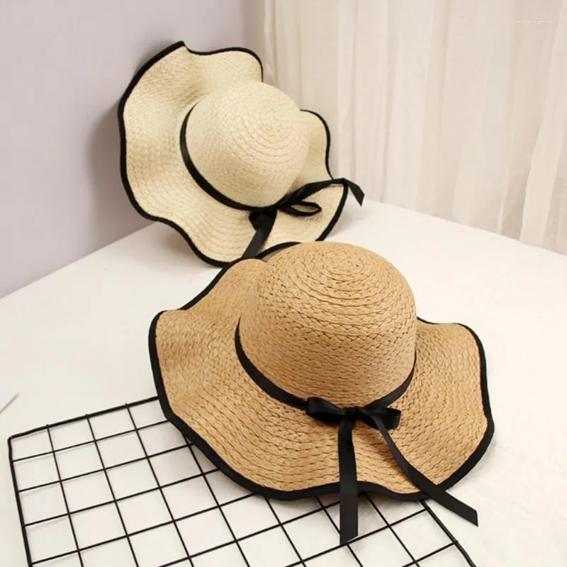 Wide Brim Hats Women Bowknot Straw Weave Wavy Sunscreen Outdoor Beach Sunhat Cap HatWide