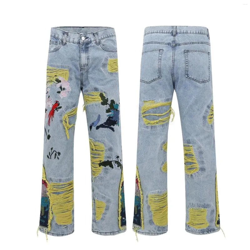 Jeans pour hommes hommes 2023 printemps et été High-Street américain Hip-Hop couleur contraste Patch oiseau prune broderie porté en vrac