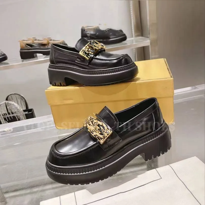 Premium Womens Black Leather Loafers - Gold Detail  display picture 1