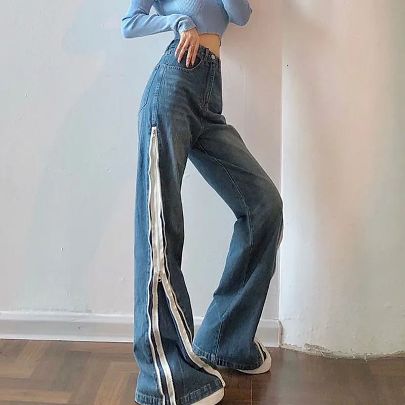 Jeans pour femmes MEXZT Vintage côté fermeture éclair jambe large Jean taille haute fente droite Denim pantalon Y2K Streetwear épissé pantalon décontracté 230324