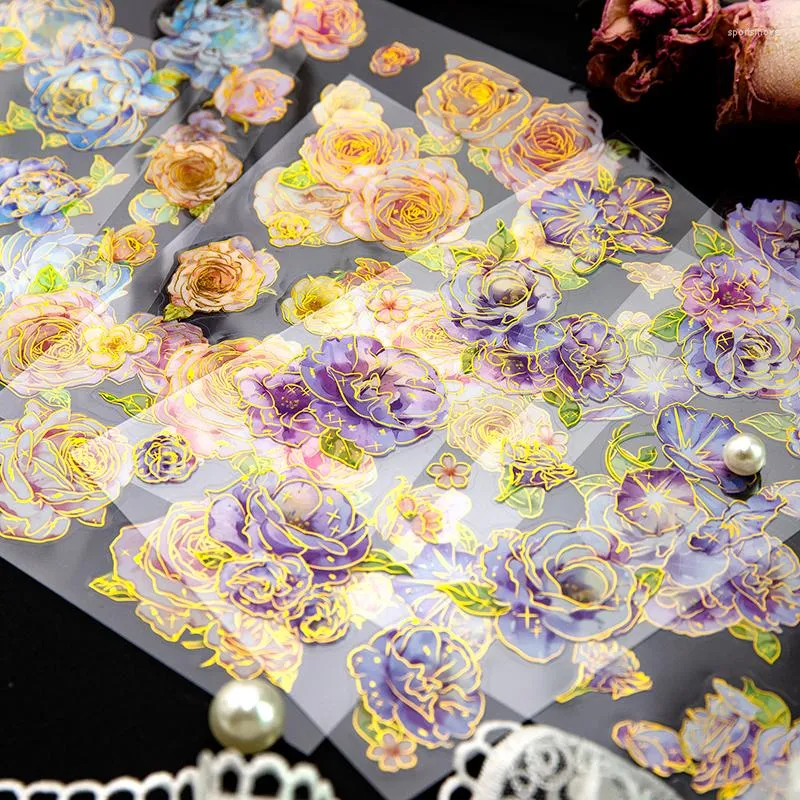 Gift Wrap JIANQI 2 Sheets PET Bronzing Flowers Stickers Decorative Adhesive Diy Sticker For Diary Scrapbooking Material