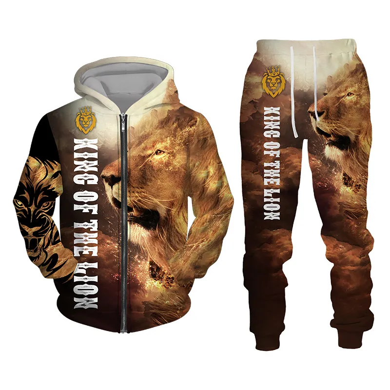Autumn e Winter Men's Tracksuit 3D The Lion Print Zipper Hoodies Sweatshirts Sets conjuntos de roupas masculinas casuais