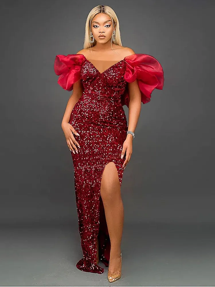 Sexig röd mantel Sequined Prom Dress 2023 V-hals Korta puffiga ärmar slits Ruffles Evening Formal Birthday Party Gown African Robe de Soiree