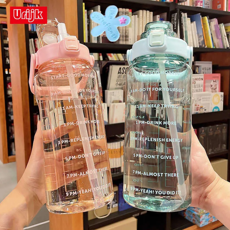 waterfles 2 liter waterfles met stro kawaii schattige drinksportflessen met tijdmarkering voor meisjes Water Jug Drinkware Outdoor Cup P230324