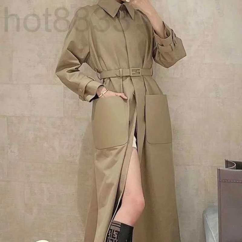 Women's Wool Blends Designer Double F Coat Top Autumn Winter Leather Pocket Belt Mid-Length Jacket Commuter Casual Thermal Windbreaker A-Line kjol Ayem