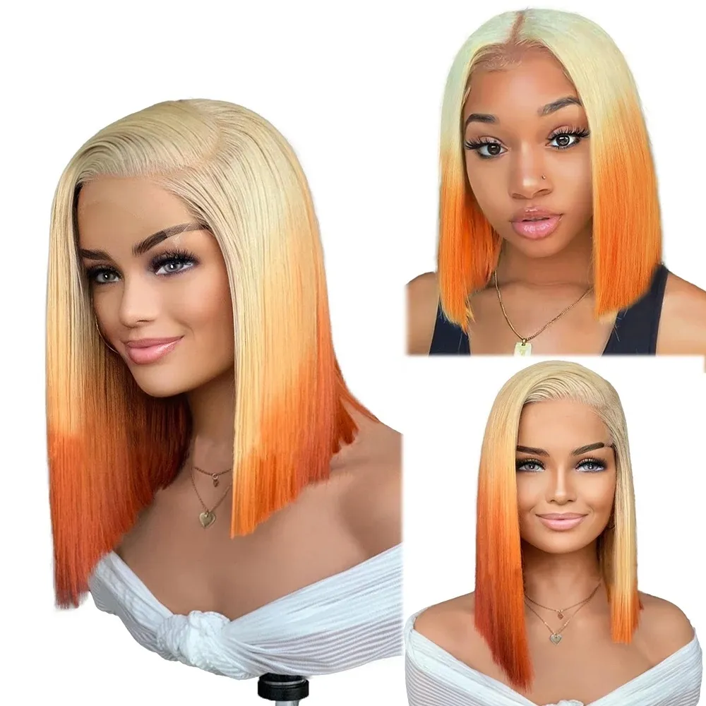 Brasiliansk ombre två ton 613 blond orange färgade genvägar bob peruker för kvinnor rak syntetisk spets fram peruk