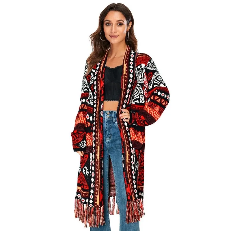 Kvinnors stickor Tees Boho Knit Cardigans Vintage Jacquard Coat for Women Geometry Open Front Tassels Christmas Sweater Red Gypsy Wraps Abrigo Mujer 230324