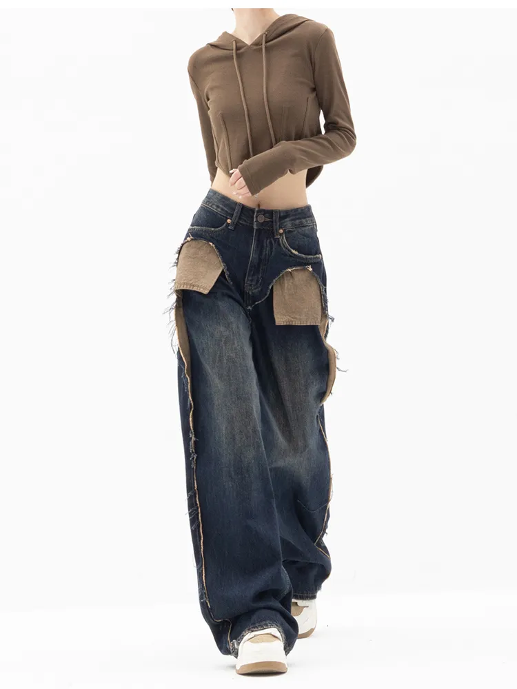 Women's Jeans American Streetwear Style High Waist Patchwork Pants 2023 Fashion Baggy Y2K Wide Leg Denim Trouser Female Clothes 230324