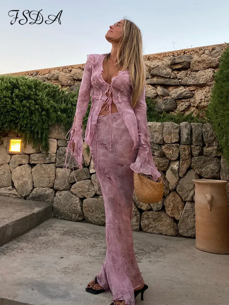 FSDA Print Mesh Two Piece Dress Green Bodycon Maxi Skirt Set For Beach